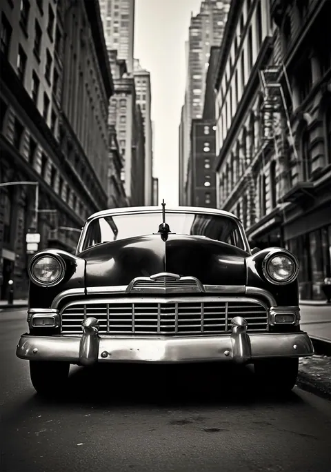 Zwart-witfoto van de voorkant van een klassieke Amerikaanse oldtimer in een stadsstraat