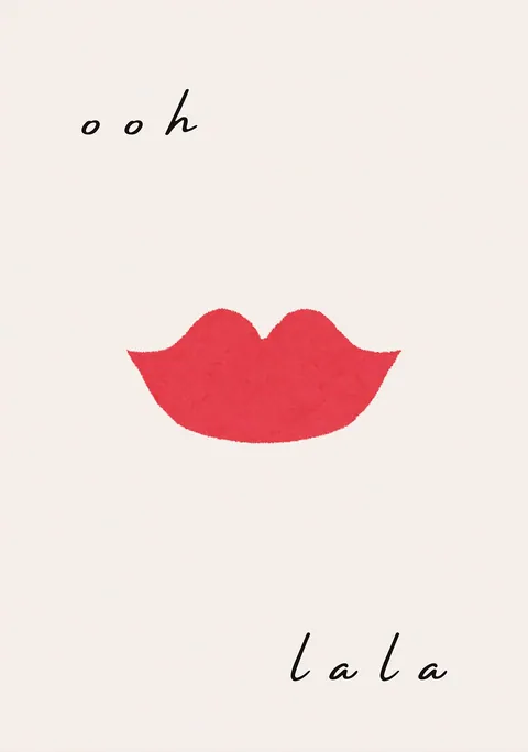 Illustratie van rode lippen met de woorden ooh en lala op een lichte achtergrond.