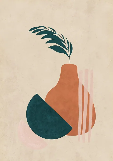 Abstracte illustratie van een terracotta vaas met een groen blad op een beige achtergrond.