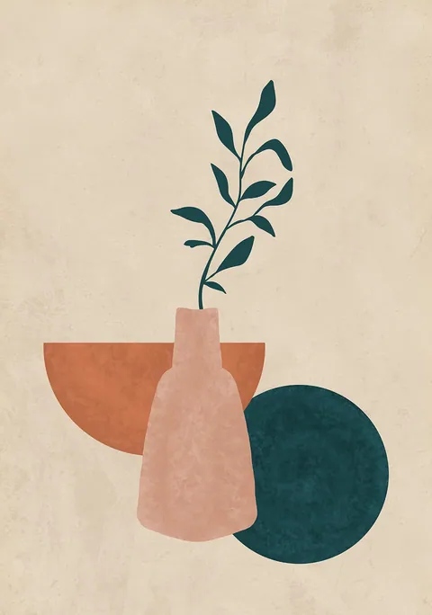 Abstracte illustratie van een roze vaas met tak tussen geometrische kleurvlakken op beige achtergrond