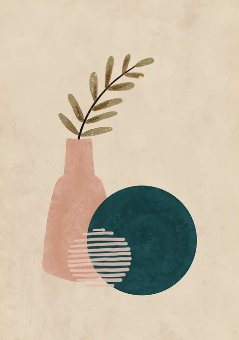 Abstracte illustratie van een roze vaas met takje en een donkerblauwe cirkel