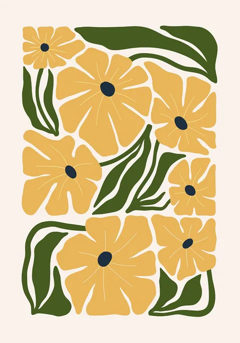Grafische illustratie van grote gele bloemen met donkergroene bladeren op een lichte achtergrond