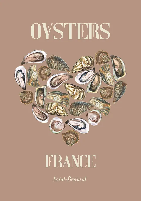 Illustratie van oesters gerangschikt in een hartvorm met de tekst Oysters France