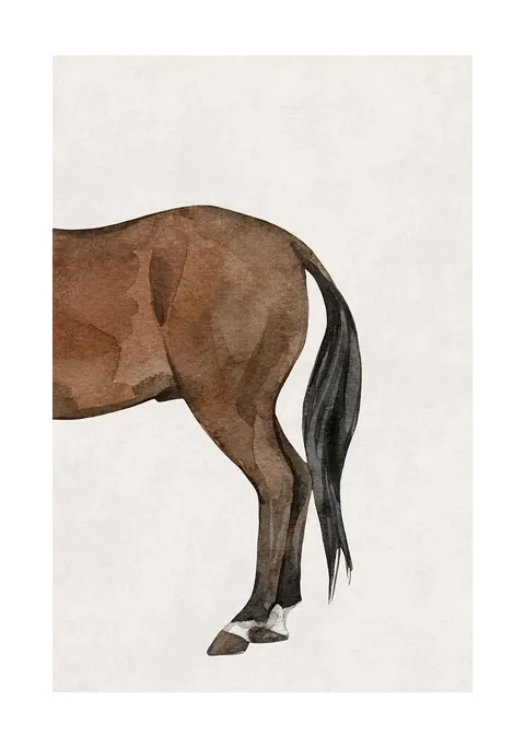 Aquarel van de achterkant en staart van een bruin paard op lichte achtergrond