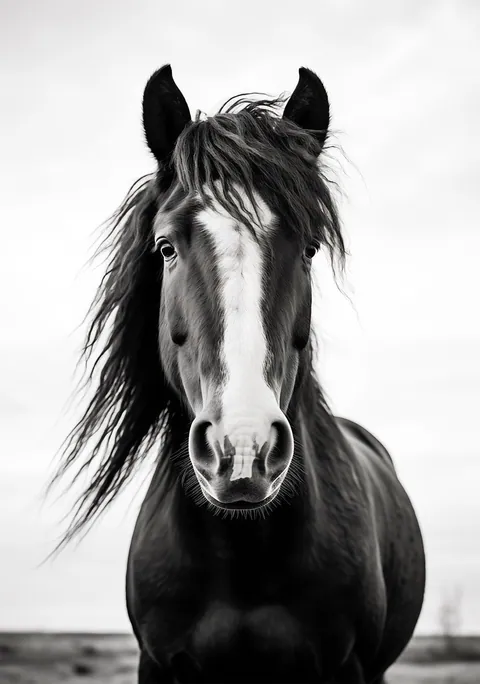 Zwart-wit portret van een paard van voren met wapperende manen