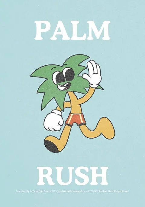 Vintage cartoon palmboom met witte handschoenen en de tekst Palm Rush op lichtblauw