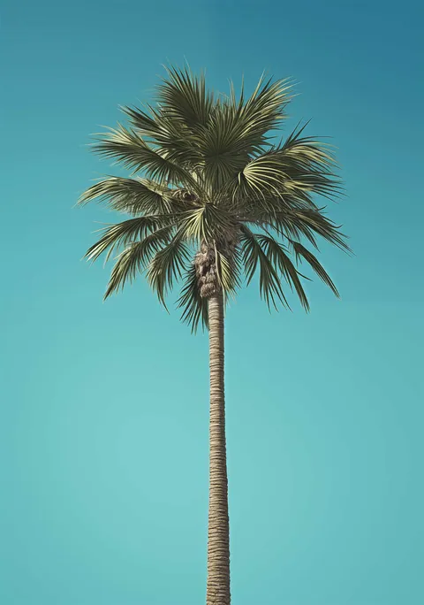 Hoge palmboom met groene bladeren tegen een helderblauwe lucht