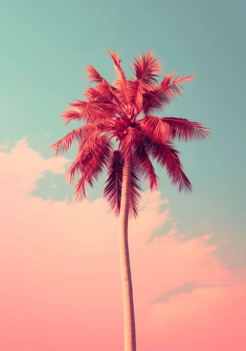 Palmboom met rode bladeren tegen een roze en lichtblauwe lucht