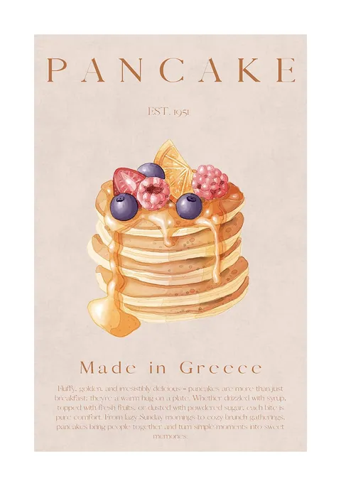 Illustratie van een stapel pannenkoeken met fruit en siroop op beige achtergrond.