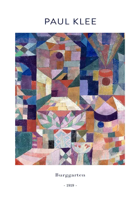 Poster van Paul Klee met abstract geometrisch werk Burggarten in zachte tinten.