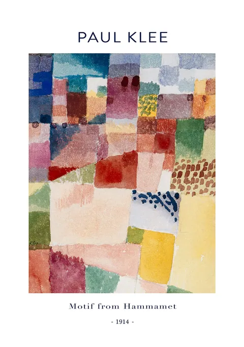 Abstract kunstwerk van Paul Klee met gekleurde geometrische vlakken en aquarelstructuur.