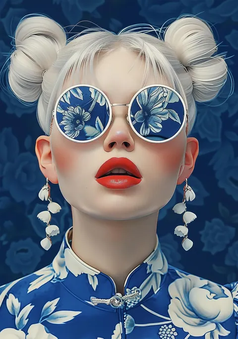 Illustratie van een vrouw met zonnebril en kleding in blauw-wit bloemenpatroon.