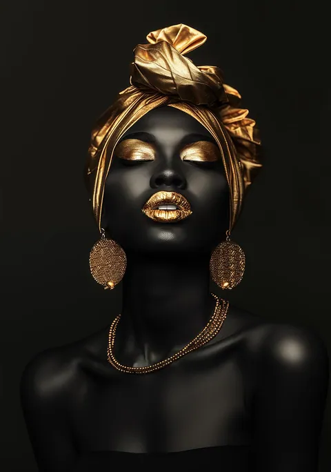 Portret van een vrouw met zwarte huid en glanzend gouden hoofddoek en make-up