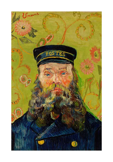 Schilderij van postbode Joseph Roulin met baard tegen een bloemrijke groene achtergrond