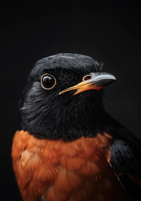 Close-up portret van een vogel met zwarte kop en oranje borstveren tegen donkere achtergrond