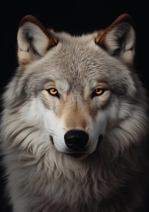 Close-up portret van een wolf met oranje ogen tegen een zwarte achtergrond.