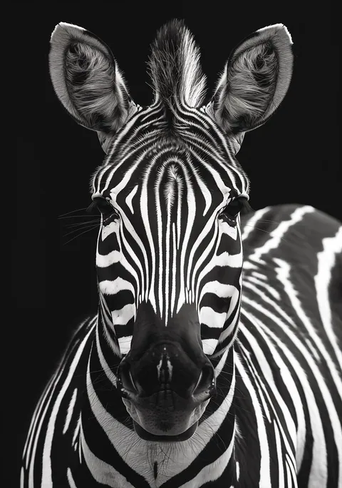 Zwart-wit portret van een zebra van voren tegen een zwarte achtergrond.