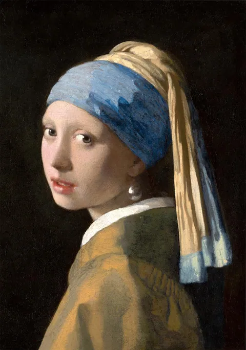 Schilderij Meisje met de parel van Johannes Vermeer met blauwe tulband.