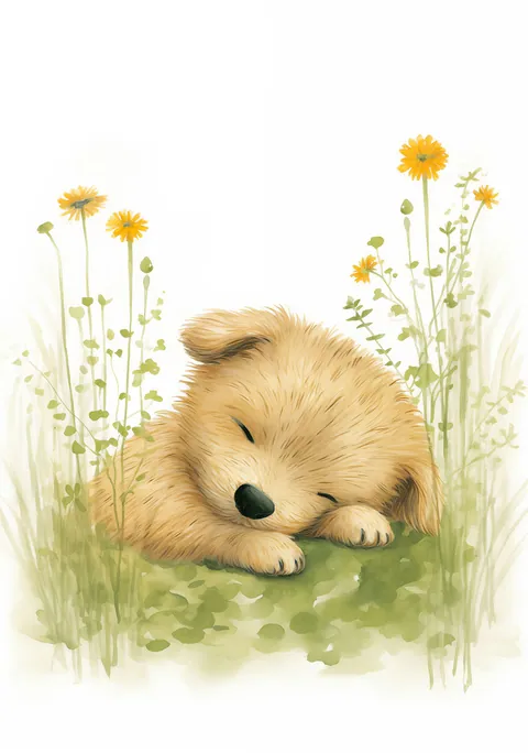 Aquarel illustratie van een slapende goudbruine puppy tussen gras en gele bloemen.