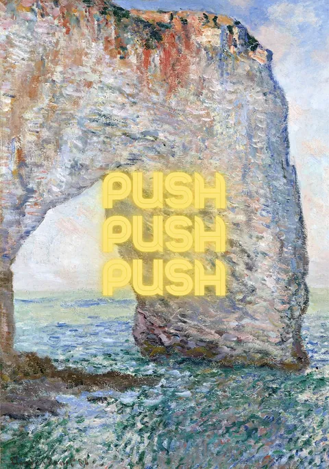 Impressionistisch schilderij van een rotsboog in zee met gele letters die push spellen