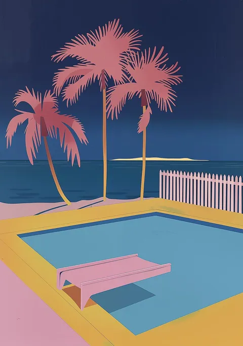 Illustratie van een retro zwembad met roze palmbomen en uitzicht op zee