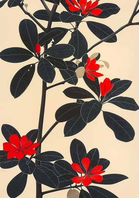 Botanische illustratie van een tak met zwarte bladeren en felrode bloemen op beige achtergrond