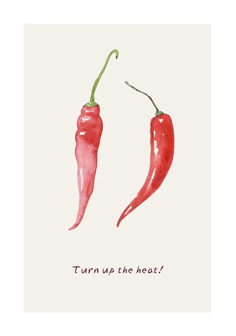 Aquarel van twee rode pepers met de tekst Turn up the heat op lichte achtergrond.