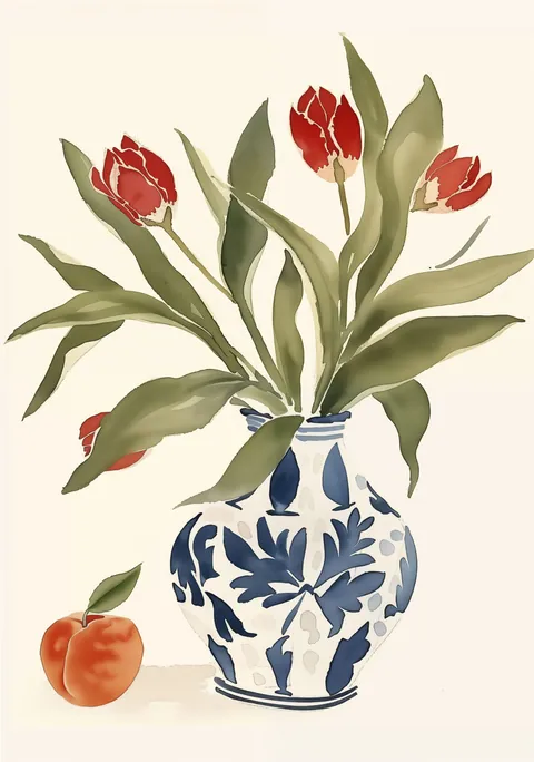 Schilderij van rode tulpen in een blauw-witte vaas met een perzik ernaast.