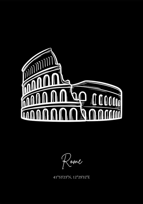 Minimalistische witte lijntekening van het Colosseum in Rome op een zwarte achtergrond met coördinaten