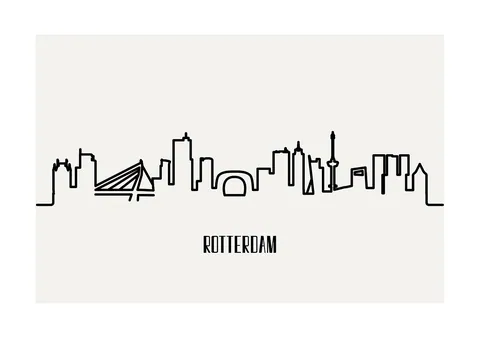 Zwarte lijntekening van de Rotterdamse skyline met de Erasmusbrug op een lichte achtergrond.