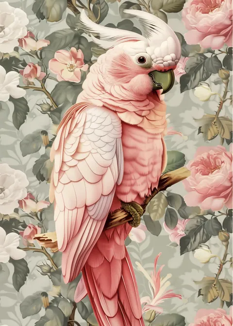 Illustratie van een roze kaketoe op een tak tussen roze en witte rozen.