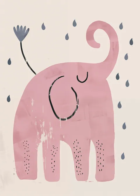 Illustratie van een roze olifant tussen regendruppels op een lichte achtergrond