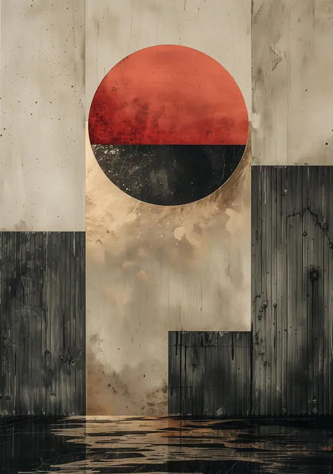 Abstracte poster met een rood-zwarte cirkel en verweerde industriële vlakken in neutrale tinten.