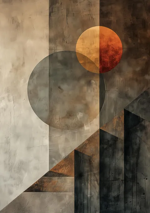 Abstract kunstwerk met geometrische cirkels en hoeken in roestige aardetinten en grijs.