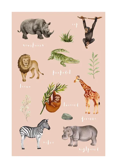 Illustratie van safaridieren met namen op een zachtroze achtergrond