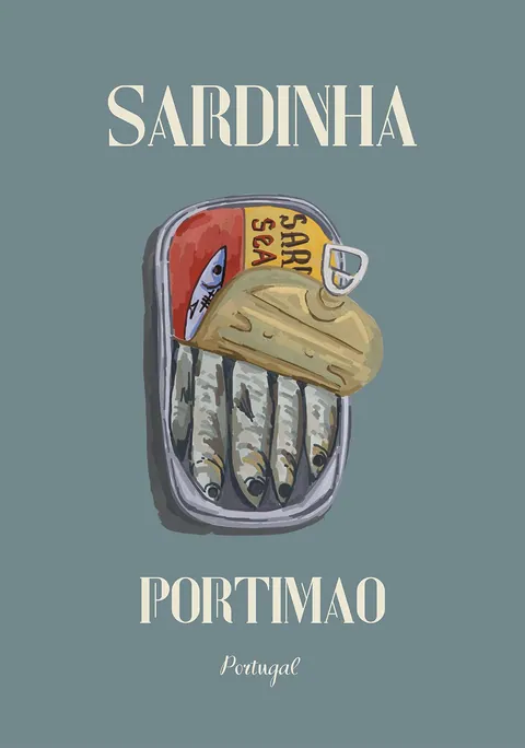 Illustratie van een open blikje sardientjes met tekst Sardinha Portimao Portugal op blauwe achtergrond