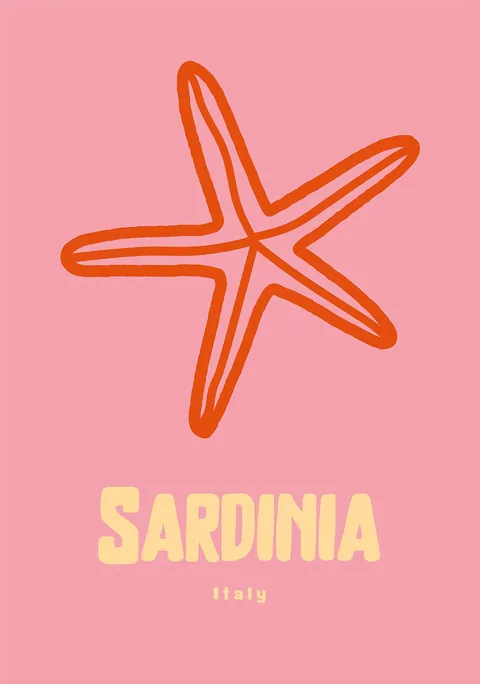 Grafische poster met een oranje zeester en tekst Sardinia op een roze achtergrond