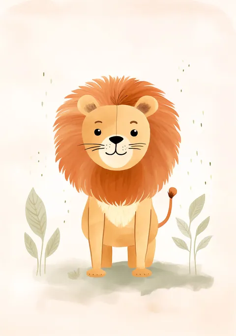 Aquarel illustratie van een vriendelijke jonge leeuw met oranje manen en groene blaadjes.
