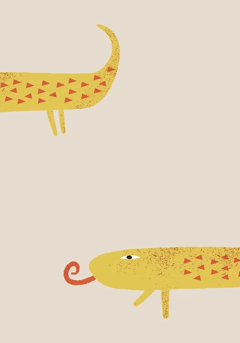 Illustratie van een speelse gele salamander op een beige achtergrond