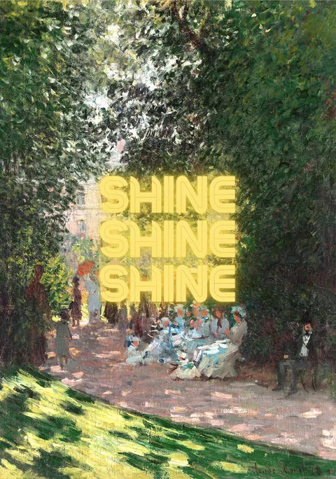 Impressionistisch parktafereel van Claude Monet met gele letters die driemaal Shine spellen.