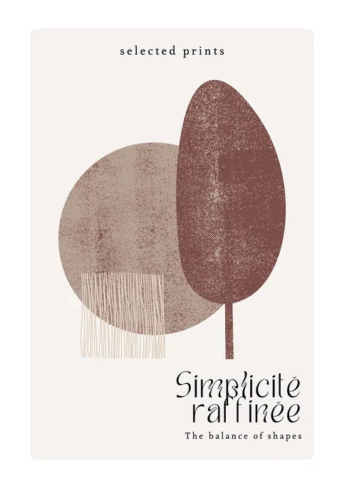 Abstracte poster met roestbruine en taupe vormen en de tekst Simplicité raffinée
