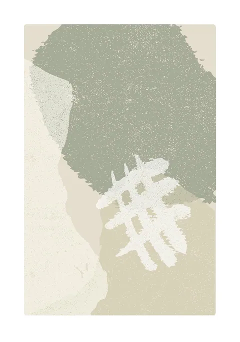 Abstracte compositie in saliegroen en beige met een wit grafisch penseelmotief.