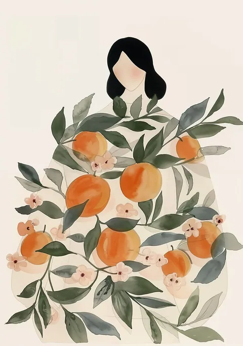 Aquarel van een vrouw in een jurk van takken met sinaasappels