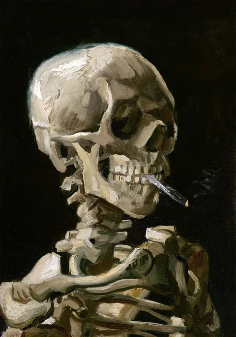 Schilderij van een skelet met een brandende sigaret tegen een zwarte achtergrond