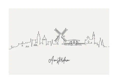 Minimalistische zwarte lijntekening van de skyline van Amsterdam op een lichte achtergrond