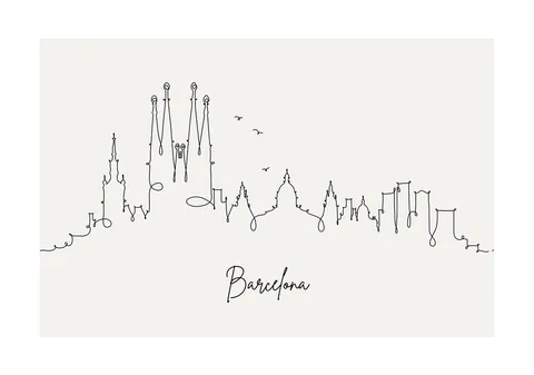 Minimalistische zwarte lijntekening van de skyline van Barcelona op een lichte achtergrond.