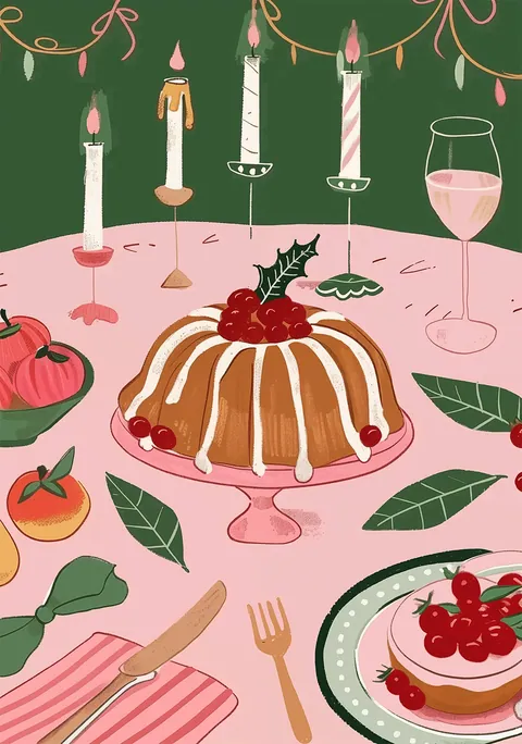 Kleurrijke illustratie van een gedekte kersttafel met tulbandcake, kaarsen en wijnglas.
