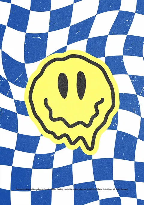Illustratie van een smeltende gele smiley op een golvend blauw-wit dambordpatroon.