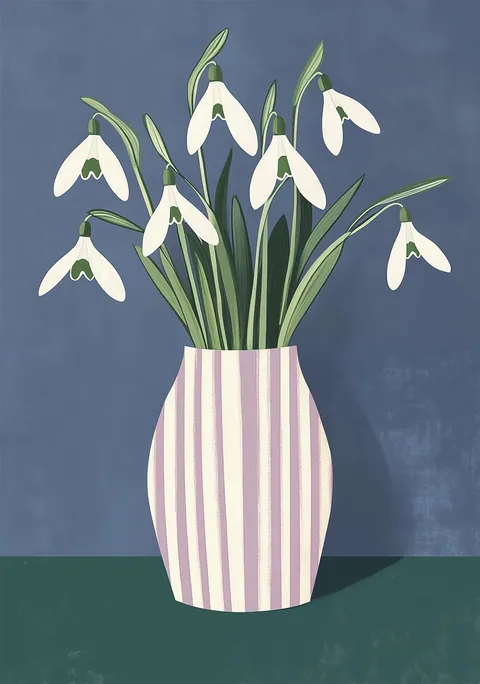 Illustratie van witte sneeuwklokjes in een gestreepte vaas tegen een blauwe achtergrond