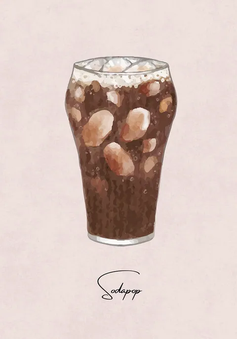 Illustratie van een glas cola met ijsblokjes op een zachtroze achtergrond